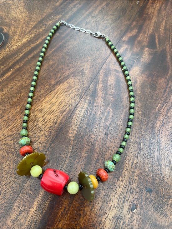 Grandmothers Button Jewelry - Vintage Grandmother’s Button Handmade Acenturine Red Coral Beaded Necklace